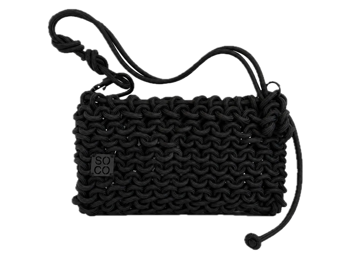 The Alma bag in onyx black — a hand-knotted maritime rope crossbody with a knotted rope strap