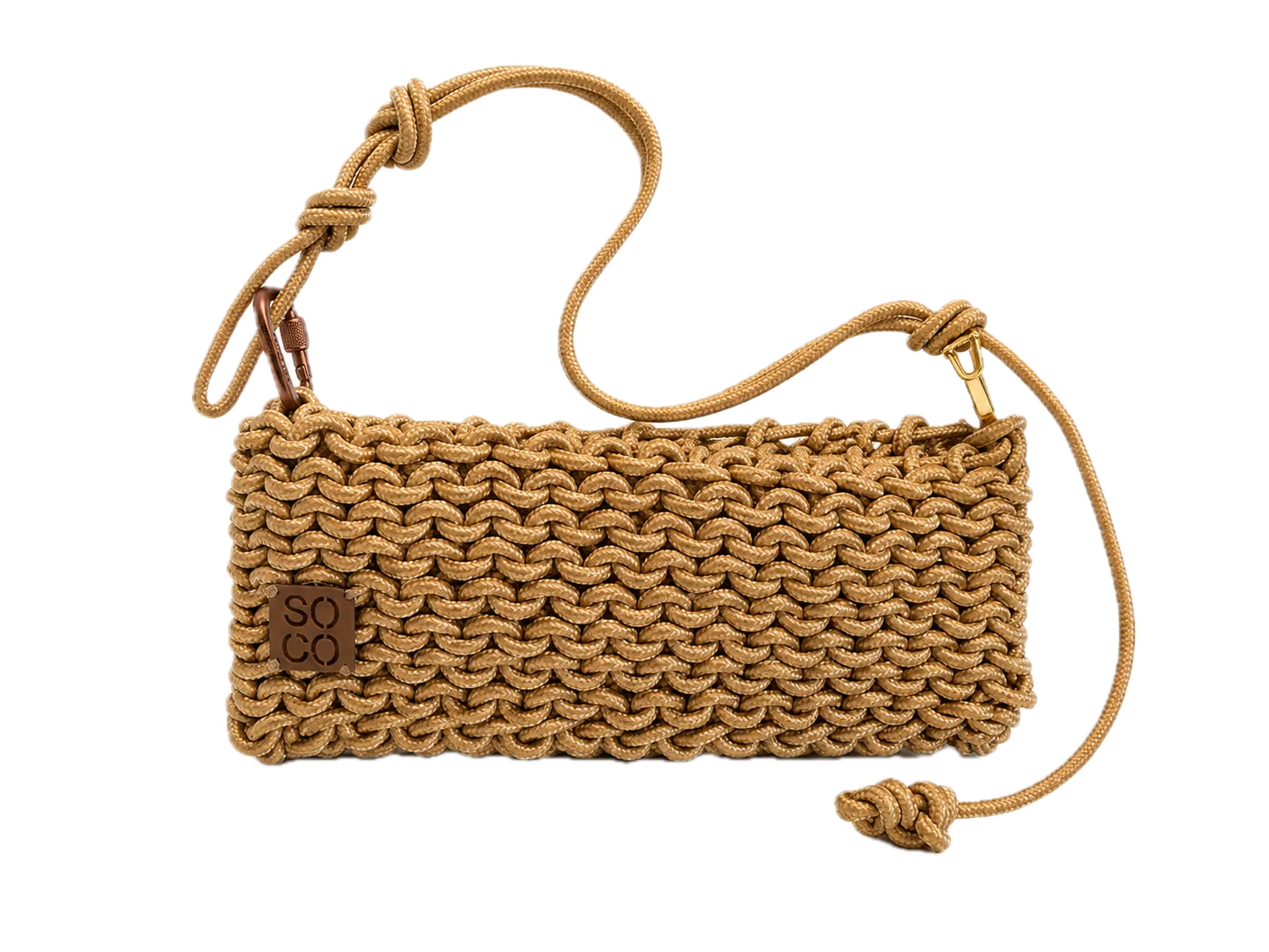 The Nina bag in caramel — a hand-knotted maritime rope crossbody with a knotted rope strap