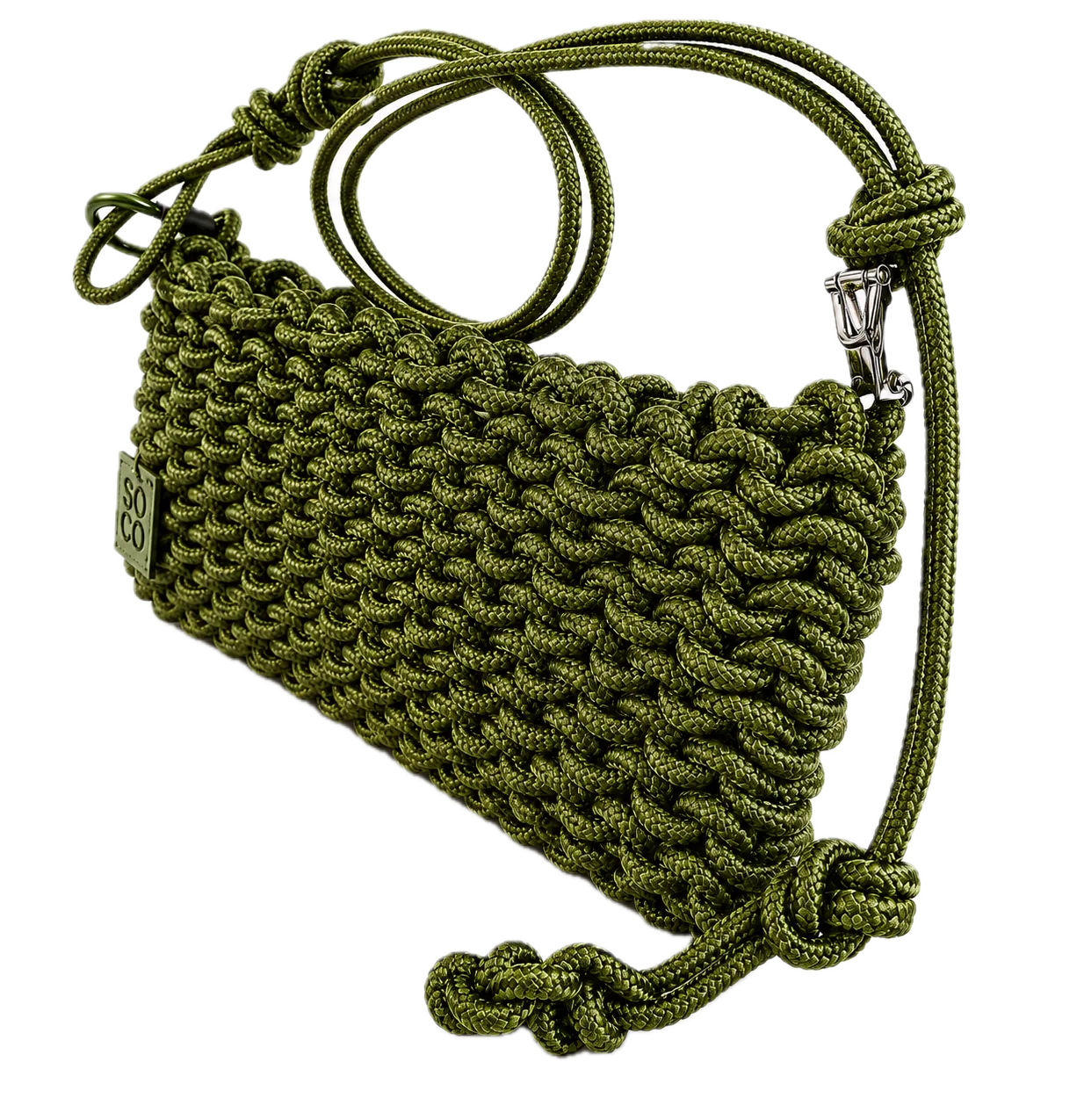 The Nina bag in olive green, side view — a hand-knotted maritime rope crossbody with a knotted rope strap